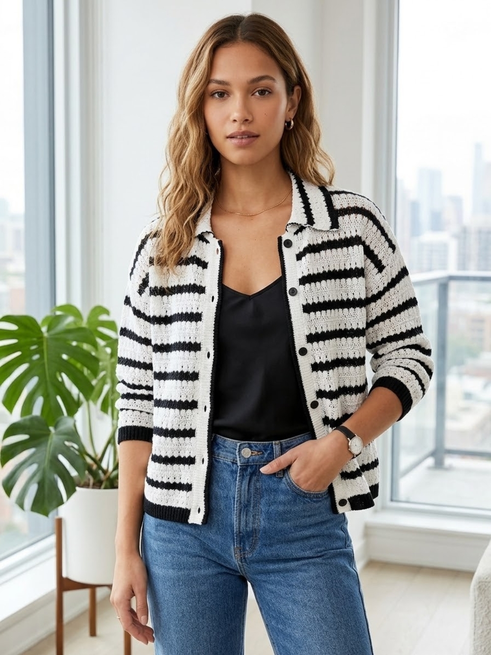Striped Black & White Knit Button-Front Jacket